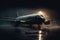 Airplane at the airport at night in the rain. Neural network AI generated