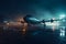 Airplane at the airport at night in the rain. Neural network AI generated