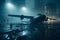 Airplane at the airport at night in the rain. Neural network AI generated