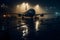 Airplane at the airport at night in the rain. Neural network AI generated