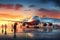 Airplane in the airport at sunset. 3d rendering and illustration. A busy airport terminal with a jumbo jet taking off, AI