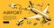 Airplane in airport vector halftone illustration