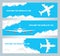 Airplane in cloudy sky vector banners