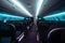 Airplane empty cabin interior in dark tone with soft lighting