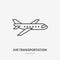 Airplane flat line icon. Jet sign. Thin linear logo for air delivery, freight services or travel