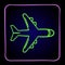 Airplane flies airport neon purple and green pictogram