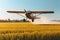 an airplane flies over a wheat field and sprays liquid from pests. ai generative