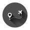 Airplane flight route icon in flat style. Travel line path vector illustration on black round background with long shadow. Dash