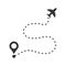 Airplane flight route icon in flat style. Travel line path vector illustration on white isolated background. Dash line trace