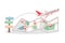 airplane fly on map with pin white background. travel and tourism world concept. road trip. route planning on holiday. journey