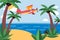 Airplane fly to tropical island, trip across ocean set vector illustration. Private transport flying cartoon, sandy