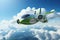 airplane flying in the clouds. 3d render image with clipping path, Biofuel-Powered Airplane in the Sky. sustainable transportation
