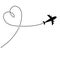 Airplane flying. Dash line heart loop in the sky. Air plane icon. Black silhouette shape. Travel trace. Happy Valentines Day Love