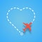 Airplane flying with dashed route like a heart. Vector red air plane flight on white route on blue background design element