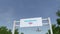 Airplane flying over advertising billboard with Bank of America logo. Editorial 3D rendering 4K clip