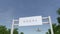 Airplane flying over advertising billboard with Gucci logo. Editorial 3D rendering