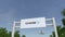 Airplane flying over advertising billboard with JPMorgan Chase Bank logo. Editorial 3D rendering