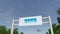Airplane flying over advertising billboard with KPMG logo. Editorial 3D rendering