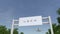 Airplane flying over advertising billboard with Uber Technologies Inc. logo. Editorial 3D rendering