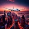 Airplane flying over city filled with tall buildings, urban air travel with plane