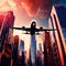 Airplane flying over city filled with tall buildings, urban air travel with plane