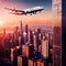 Airplane flying over city filled with tall buildings, urban air travel with plane