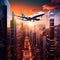 Airplane flying over city filled with tall buildings, urban air travel with plane