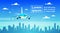 Airplane Flying Over City Skyscrapers Plane In Sky Cityscape Skyline Background With Copy Space