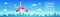 Airplane Flying Over City Skyscrapers Plane In Sky Cityscape Skyline Background With Copy Space Horizontal Banner