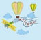 Airplane flying in the sky, balloons, words are welcome. concept of travel day, vector art and illustration.