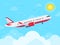 Airplane flying in sky. Jet plane fly in clouds, airplanes travel and vacation aircraft flat vector illustration