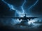 Airplane flying through storm clouds with lightning. Private jet catastrophe. Ai Generated