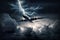 Airplane flying during storm, lightning strikes to passenger plane, generative AI