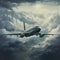 Airplane flying in the stormy clouds. White modern aircraft passing through the rain clouds. Airliner flying in the beautiful blue