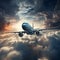 Airplane flying in the stormy clouds. White modern aircraft passing through the rain clouds. Airliner flying in the beautiful blue