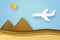 Airplane flying to pyramid, paper art style