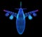 Airplane flying travel low poly. Blue business airliner tourism wireframe mesh and dots. dark structure background. 3d