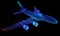 Airplane flying travel low poly. Blue business airliner tourism wireframe mesh and dots. dark structure background. 3d