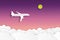 Airplane flying on twilight sky with moon and cloud tranportation and travel concept paper art cut style vector illustration