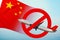 Airplane with forbidden sign and China flag. No fly zone in China