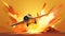 Airplane from the game on the background of a bright explosion, cartoon style