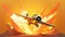 Airplane from the game on the background of a bright explosion, cartoon style