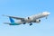 Airplane Garuda Indonesia PK-GIC Boeing 777-300 is landing at Schiphol airport.