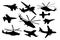 Airplane, helicopter set. Military aircraft silhouette vector collection. Air transport.