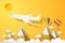 Airplane and hot air balloons flying under orange sky and sunny as paper art, craft style and business, journey and travel concept