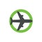 Airplane icon in green circle. Open sky logo concept, permission to fly symbol, resumption of air travel sign. Isolated
