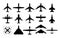 Airplane icons. Aircraft silhouettes flying jet, motor plane and drone military and commercial aviation pictogram