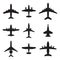 Airplane icons set isolated on white background. Vector silhouettes of passenger aircraft, fighter plane and screw