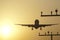 Airplane landing at frankfurt airport at sunrise