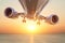 Airplane with landing gear lowered before landing flies at sunset over the sea